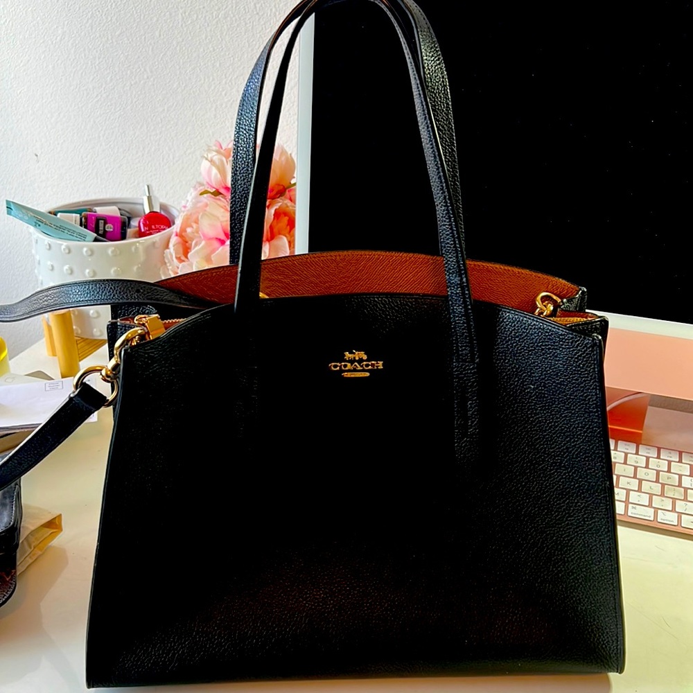 EUC Coach Tote with removable strap 
Gold Pedestal feet @ bottom 13 x 9.5 x 5